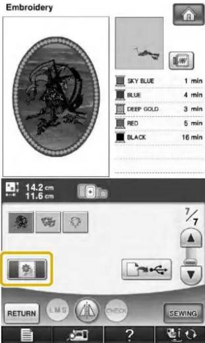 Embroidery SKY BLUE 1 min BLUE 4 min DEEP GOLD 3 min RED 5 min BLACK 16 min 14.2 cm 11.6 cm RETURN LMS CHECK SEWING