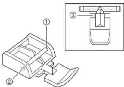Technical diagram of a mechanical device with labeled parts and an inset view showing a component with three numbered parts.