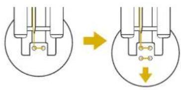 Diagram showing two mechanical components before and after assembly, with arrows indicating transformation or change.