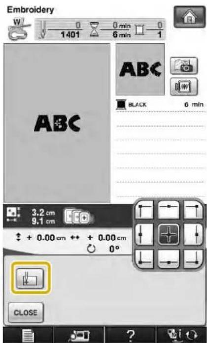 Embroidery W 0 0 min 0 1401 6 min 1 ABC BLACK 6 min ABC 3.2 cm 9.1 cm + 0.00 cm + + 0.00 cm 0° CLOSE