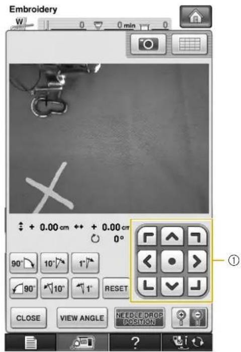 Embroidery W 0 0 min + 0.00 cm + 0.00 cm 0° 90° 10° 1° 90° 10° 1° RESET CLOSE VIEW ANGLE NEEDLE DROP POSITION ①