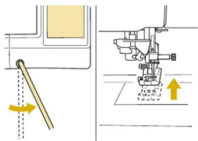 Technical diagram showing sewing machine operation with tool and angle annotations