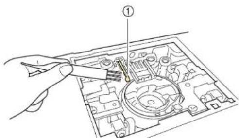 Technical diagram showing a hand using a tool to inspect internal components of an electronic device, labeled with number ①.