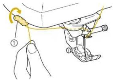 Diagram showing a sewing machine needle being adjusted with a spring, labeled with step number ①