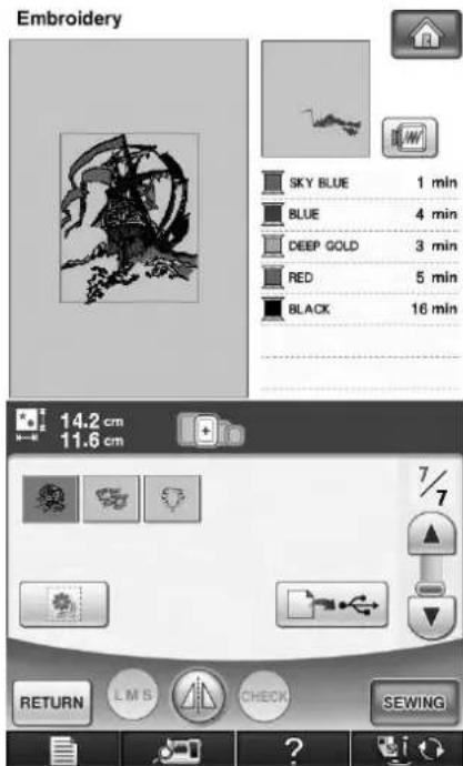 Embroidery SKY BLUE 1 min BLUE 4 min DEEP GOLD 3 min RED 5 min BLACK 16 min 14.2 cm 11.6 cm RETURN L M S CHECK SEWING