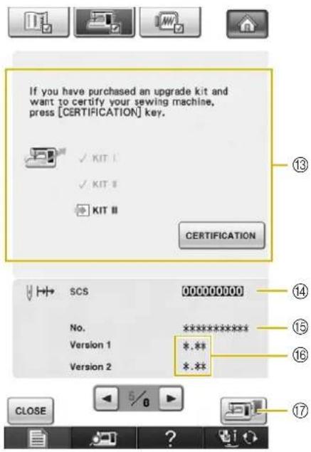 If you have purchased an upgrade kit and want to certify your sewing machine, press [CERTIFICATION] key. ✓ KIT 1 ✓ KIT 2 KIT III CERTIFICATION SCS 000000000 No. ******** Version 1 *.* **. Version 2 *.* CLOSE 5/0