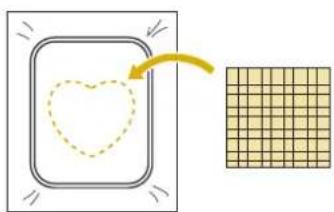Diagram showing a heart shape inside a rounded rectangle with an arrow pointing to it, alongside a grid pattern.