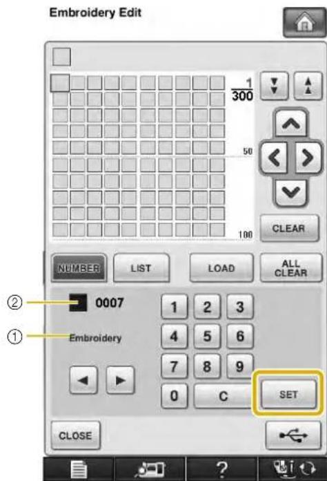 Embroidery Edit 1 300 50 100 CLEAR NUMBER LIST LOAD ALL CLEAR 0007 1 2 3 4 5 6 7 8 9 0 C SET CLOSE