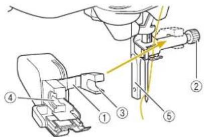 Technical diagram of a mechanical assembly with numbered components and directional arrows indicating motion or force