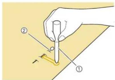 Diagram showing a hand using a tool to apply a yellow tool on a cutting board, labeled with parts ① and ②.