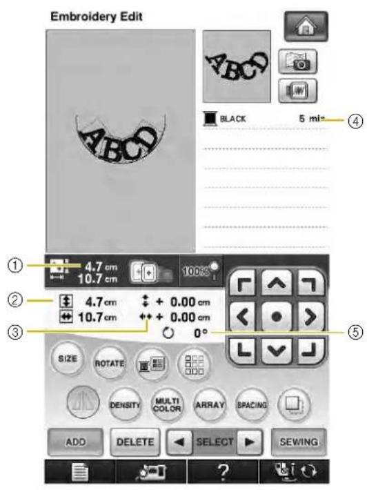 Embroidery Edit BLACK 5 mb 4.7 cm 10.7 cm 100% 4.7 cm + 0.00 cm 10.7 cm + 0.00 cm 0° SIZE ROTATE DENSITY MULTI COLOR ARRAY SPACING ADD DELETE SELECT SEWING