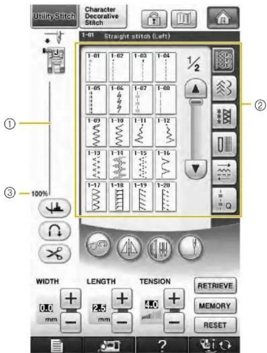 Utility Stitch Character Decorative Stitch 1-01 Straight stitch (Left) 1-01 1-02 1-03 1-04 1-05 1-06 1-07 1-08 1-09 1-10 1-11 1-12 1-13 1-14 1-15 1-16 1-17 1-18 1-19 1-20 WIDTH LENGTH TENSION RETRIEVE 0.0 + 2.5 + 5.0 + mm - mm - - MEMORY RESET