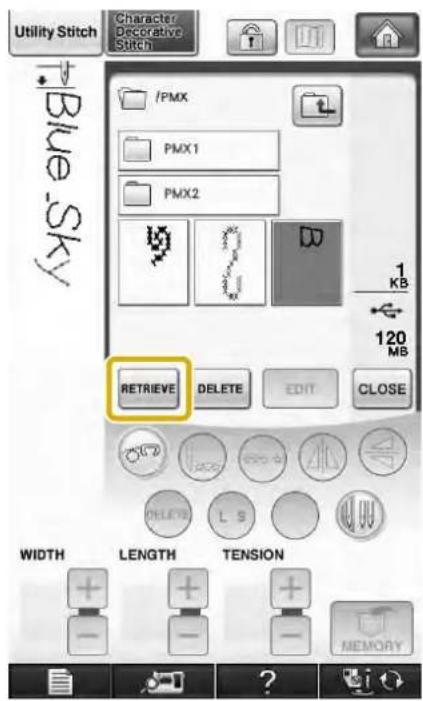 Utility Stitch Character Decorative Stitch IPMX PMX1 PMX2 1 KB 120 MB RETRIEVE DELETE EDIT CLOSE WIDTH LENGTH TENSION MEMORY