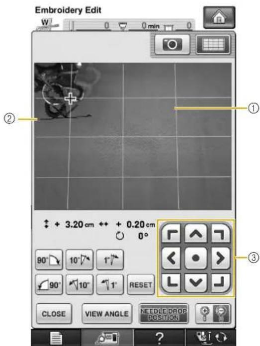 Embroidery Edit W 0 min 0 ② ① + 3.20 cm ↔ + 0.20 cm 0° 90° 10° 1° 90° 10° 1° RESET CLOSE VIEW ANGLE NEEDLE DROP POSITION