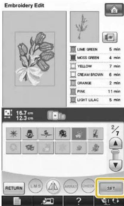 Embroidery Edit LIME GREEN 5 min MOSS GREEN 4 min YELLOW 7 min CREAM BROWN 6 min ORANGE 2 min PINK 11 min LIGHT LILAC 5 min 16.7 cm 12.3 cm RETURN LMS ARRAY CHECK SET