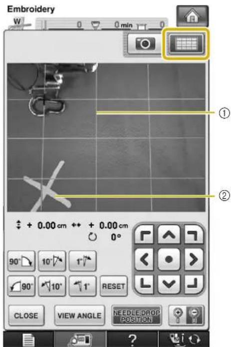 Embroidery W 0 min 0 ① ② + 0.00 cm + + 0.00 cm 0° 90° 10° 1° 90° 10° 1° RESET CLOSE VIEW ANGLE NEEDLE DROP POSITION