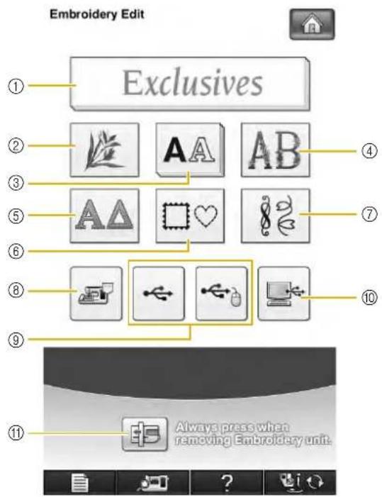 Embroidery Edit ① Exclusives ② ③ ⑤ ⑥ ⑧ ⑨ ⑩ Always press when removing Embroidery unit.