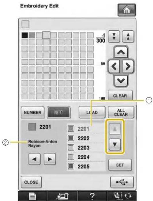 Embroidery Edit 4 300 50 100 CLEAR NUMBER LIST LOAD ALL CLEAR 2201 2201 Robison-Anton Rayon 2202 2203 2204 2205 ① ② SET CLOSE