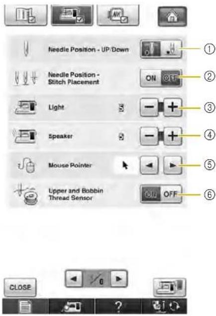 Needle Position - UP/Down Needle Position - Stitch Placement Light Speaker Mouse Pointer Upper and Bobbin Thread Sensor ① ② ③ ④ ⑤ ⑥ CLOSE