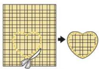 Diagram showing a cutting process on grid paper with scissors, resulting in a heart-shaped outline.
