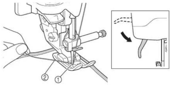 Technical diagram showing sewing process with labeled parts and a magnified detail view indicating fabric movement.