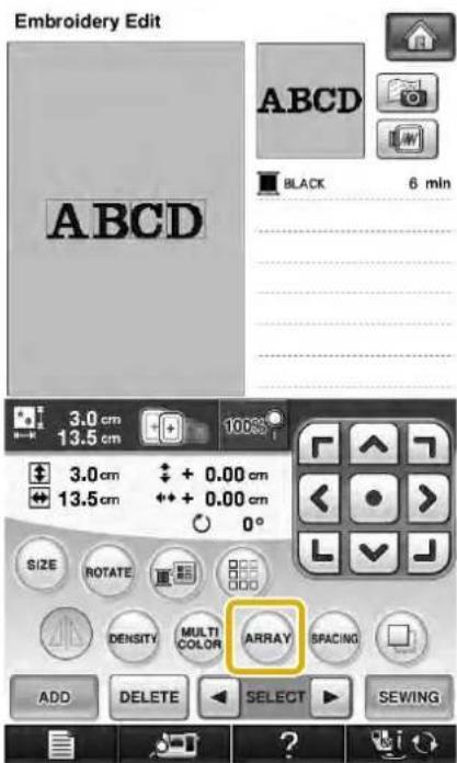 Embroidery Edit ABCD BLACK 6 min 3.0 cm 13.5 cm 100% 3.0 cm + 0.00 cm 13.5 cm + 0.00 cm 0° SIZE ROTATE DENSITY MULTI COLOR ARRAY SPACING ADD DELETE SELECT SEWING