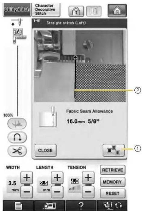 Utility Stitch Character Decorative Stitch 1-01 Straight stitch (Left) Fabric Seam Allowance 16.0mm 5/8" CLOSE WIDTH LENGTH TENSION RETRIEVE 3.5 mm - 2.5 mm - .0 mm - MEMORY RESET