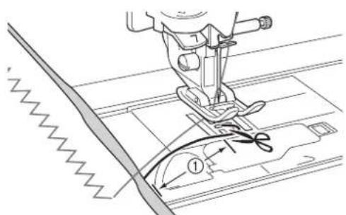 Technical diagram of a sewing machine with labeled parts and measurement indicators
