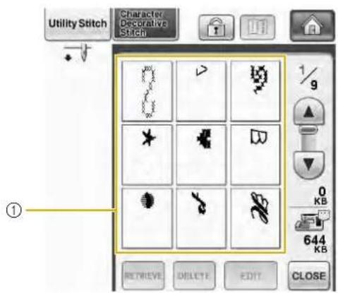 Utility Stitch Character Decorative Stitch ① RETRIEVE DELETE EDIT CLOSE 1/9 0 KB 644 KB
