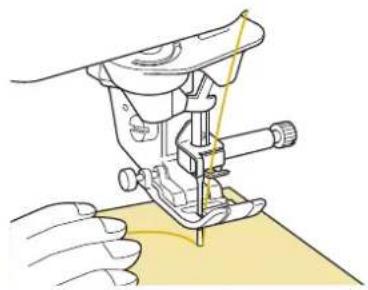 BABY LOCK Ellisimo Gold 2 BLSOG2 - Set the fabric under the presser foot. Hold the fabric and thread in your left hand, and rotate the handwheel to set the needle in the sewing start position. - 1