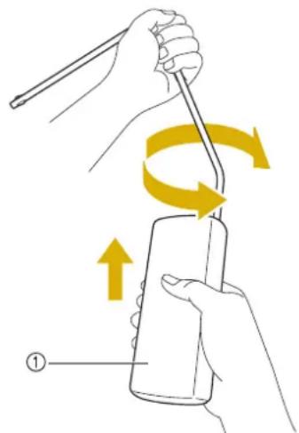 Diagram illustrating a hand holding a tool with directional arrows indicating rotational motion, labeled with number ①.