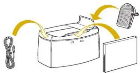 Diagram illustrating a device with cable, a doorbell, and a wall-mounted device connected by yellow arrows indicating flow or interaction.