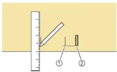 Diagram showing a ruler measuring a rectangular object with two labeled points (① and ②) pointing to it.