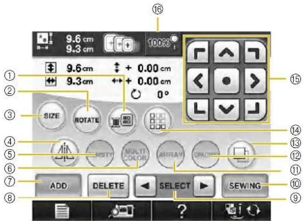 9.6 cm 9.3 cm 100% 9.6 cm + 0.00 cm 9.3 cm + 0.00 cm 0° SIZE ROTATE ADD DELETE SELECT SEWING 16 15 14 13 12 11 10 9