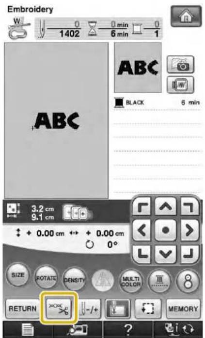 Embroidery W 0 min 0 1402 6 min 1 ABC BLACK 6 min 3.2 cm 9.1 cm + 0.00 cm + + 0.00 cm SIZE ROTATE DENSITY MULTI COLOR RETURN -/+ MEMORY