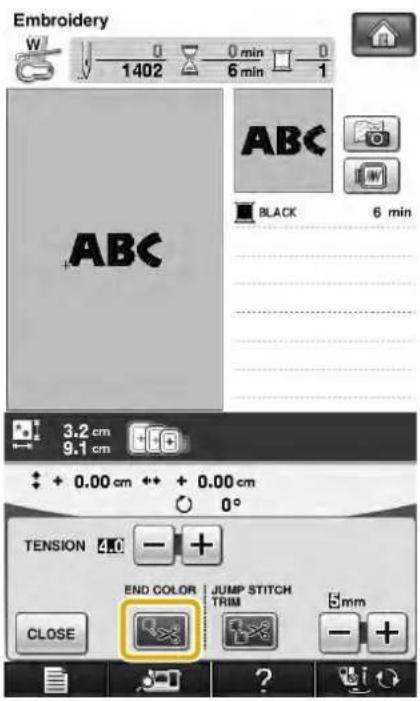 Embroidery W 0 0 min 0 1402 6 min 1 ABC BLACK 6 min 3.2 cm 9.1 cm + 0.00 cm + + 0.00 cm TENSION 4.0 - + END COLOR JUMP STITCH TRIM mm CLOSE - + ?