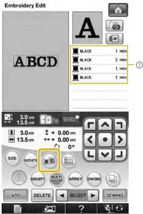 Embroidery Edit ABCD BLACK 1 min BLACK 2 min BLACK 1 min BLACK 1 min 3.0 cm 13.5 cm 3.0 cm 13.5 cm + 0.00 cm + 0.00 cm 0° SIZE ROTATE DENSITY MUETI COLOR ARRAY SPACING ADD DELETE SELECT SEWING