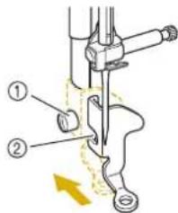 Diagram of a sewing machine needle with labeled parts and directional arrow indicating motion