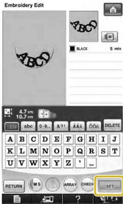 Embroidery Edit ABCD BLACK 5 min 4.7 cm 10.7 cm ABC abc 0-9.. &?! ÄÄÄ ÖÖö DELETE A B C D E F G H I J K L M N O P Q R S T U V W X Y Z ', _ RETURN L M S ARRAY CHECK SET