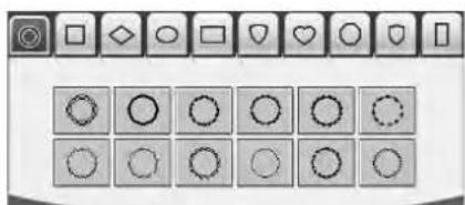 Grid of geometric and symbolic icons including circles, squares, and shapes with various fill patterns