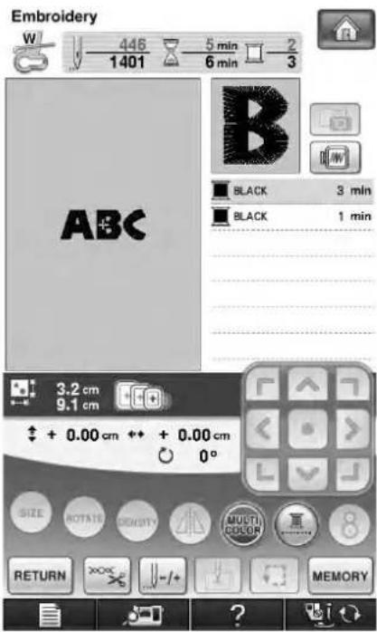 Embroidery W 446 5 min 2 1401 6 min 3 ABC BLACK 3 min BLACK 1 min 3.2 cm 9.1 cm + 0.00 cm + + 0.00 cm 0° SIZE ROTATE CMNTY MULTICOM RETURN MEMORY