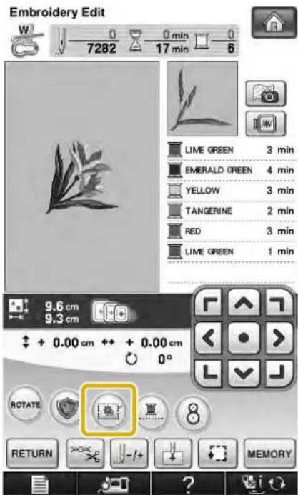 Embroidery Edit W 0 0 min 0 7282 17 min 6 LIME GREEN 3 min EMERALD GREEN 4 min YELLOW 3 min TANGERINE 2 min RED 3 min LIME GREEN 1 min 9.6 cm 9.3 cm + + 0.00 cm + + 0.00 cm 0° ROTATE RETURN MEMORY