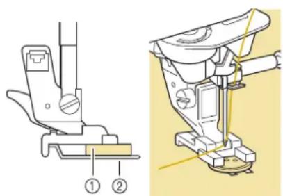 Technical diagram showing a sewing machine with labeled parts and exploded view
