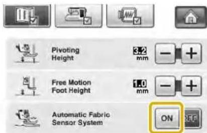 Pivoting Height 3.2 mm Free Motion Foot Height 10 mm Automatic Fabric Sensor System ON