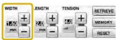 WIDTH 150 mm LENGTH 200 mm TENSION 400 mm RETRIEVE MEMORY RESET