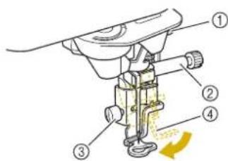 Technical diagram of a sewing machine with numbered parts and a yellow directional arrow indicating motion or movement.