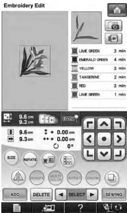 Embroidery Edit LIME GREEN 3 min EMERALD GREEN 4 min YELLOW 3 min TANGERINE 2 min RED 3 min LIME GREEN 1 min 9.6 cm 9.3 cm 100% 9.6 cm + 0.00 cm 9.3 cm + 0.00 cm SIZE ROTATE DENSITY MULTI COLOR ARRAY DRAGON ADD DELETE SELECT SEWING
