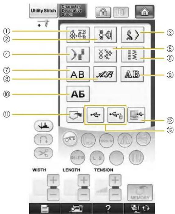 Utility Stitch Character Decorative Stitch ① ② ③ ④ ⑤ ⑥ ⑦ ⑧ AB AB AB ⑨ ⑩ ⑪ ⑬ WIDTH LENGTH TENSION MEMORY