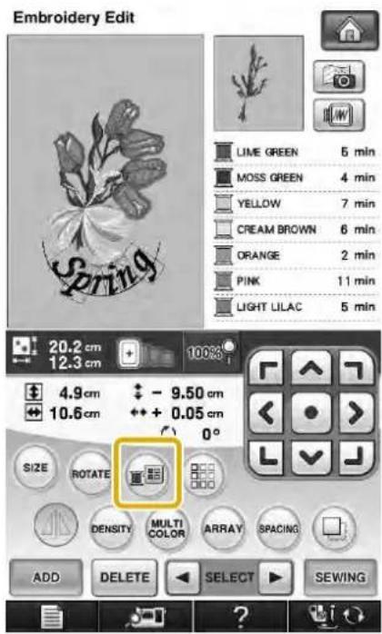Embroidery Edit LIME GREEN 5 min MOSS GREEN 4 min YELLOW 7 min CREAM BROWN 6 min ORANGE 2 min PINK 11 min LIGHT LILAC 5 min 20.2 cm 12.3 cm 4.9 cm + - 9.50 cm 10.6 cm + + 0.05 cm SIZE ROTATE DENSITY MULTI COLOR ARRAY SPACING ADD DELETE SELECT SEWING