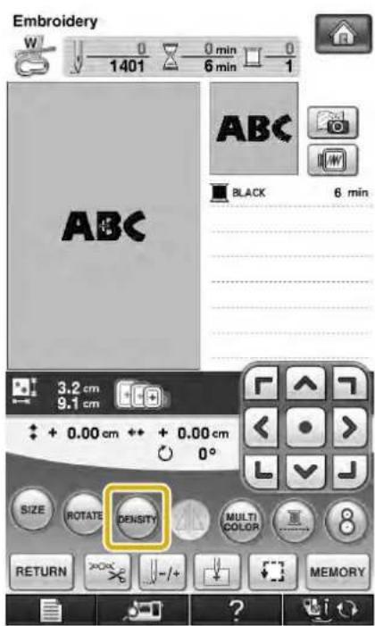 Embroidery W 0 0 min 0 1401 6 min 1 ABC BLACK 6 min 3.2 cm 9.1 cm + 0.00 cm + + 0.00 cm 0° SIZE ROTATE DENSITY MULTI COLOR MEMORY RETURN -/+ MEMORY
